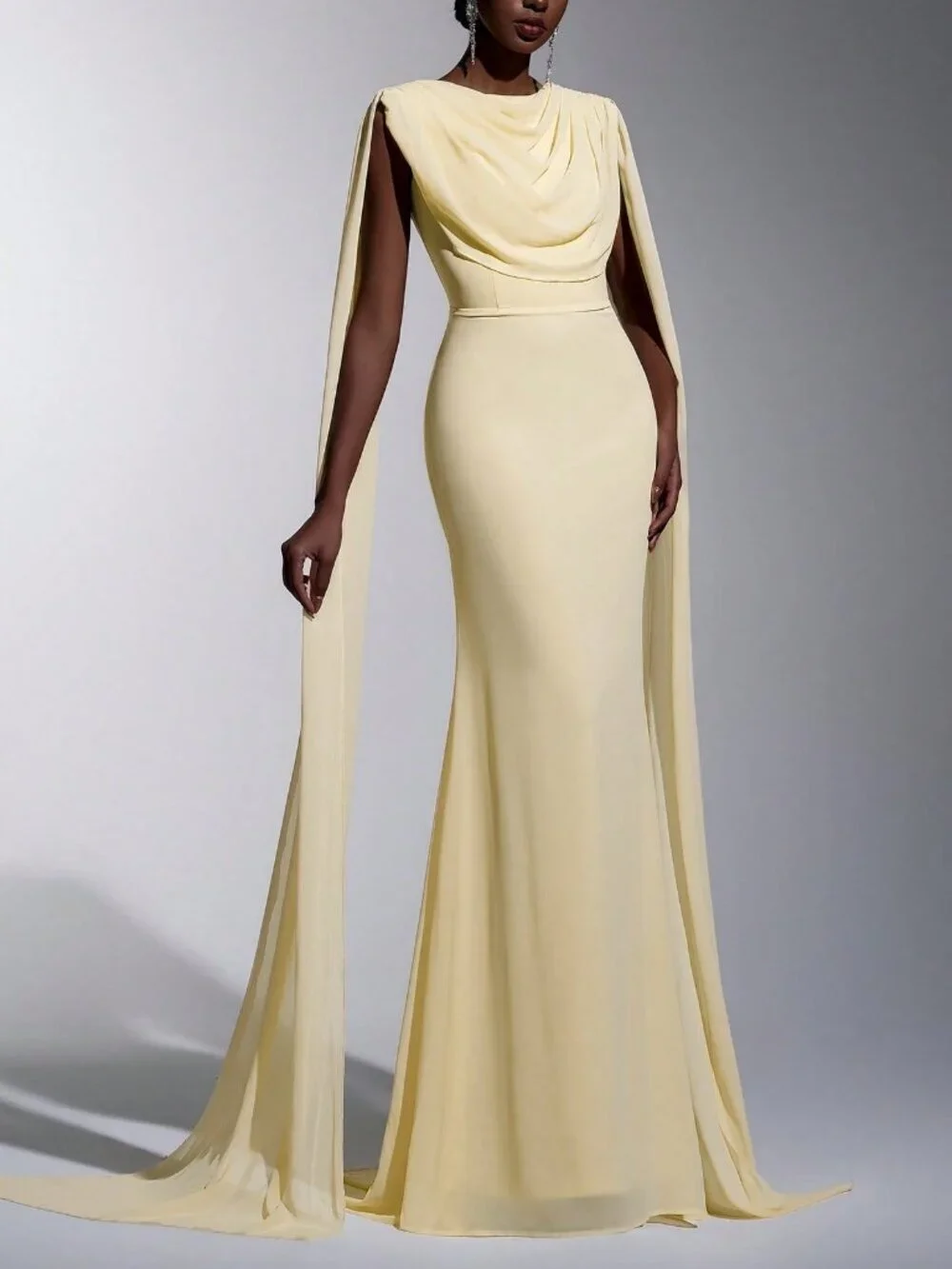 Yellow Elegant Women's Chiffon Ruffle Neck Fishtail Hem Formal Dress